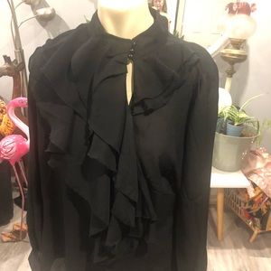 VONDA striking black blouse with three button closure at neck.  NWT